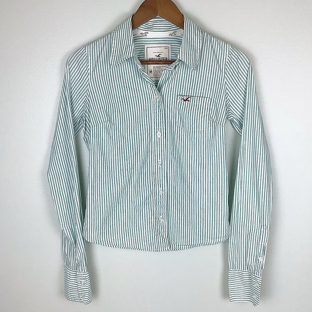3/$25 Hollister Green & White Stripe Button Blouse - Picture 5 of 10